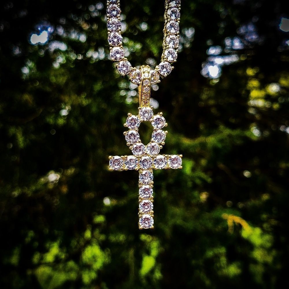 14k Gp Simulated Diamond Ankh Tennis Chain Set